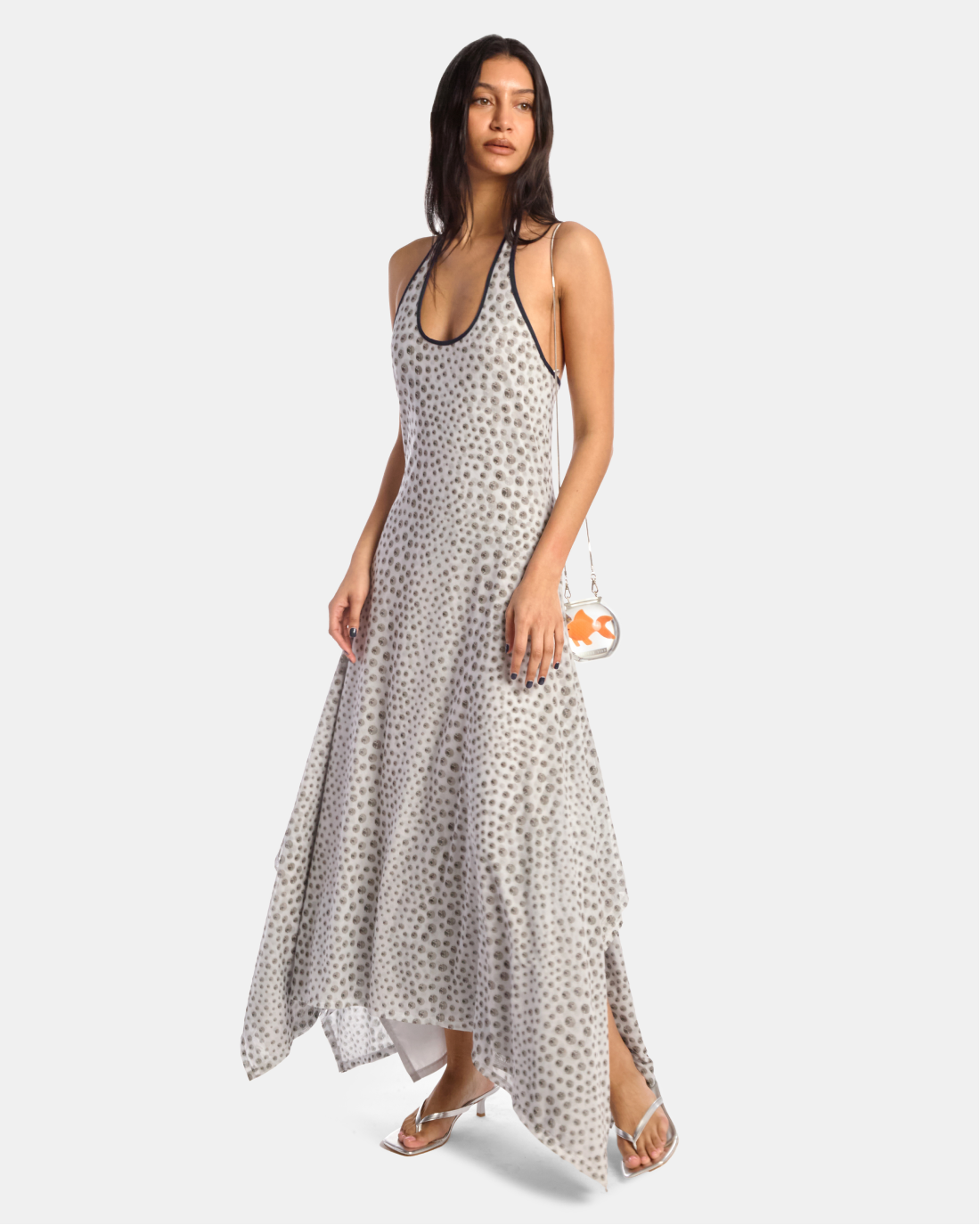 Chrome Polka Dot Mesh Handkerchief Dress