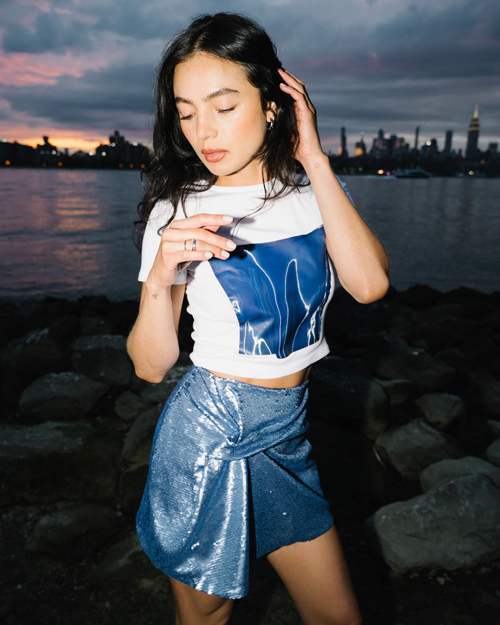 Printed Corset Baby Tee in Blue (SAMPLE)