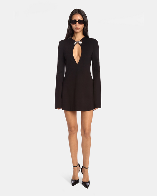 Long Sleeve Keyhole Mini Dress with Brooch