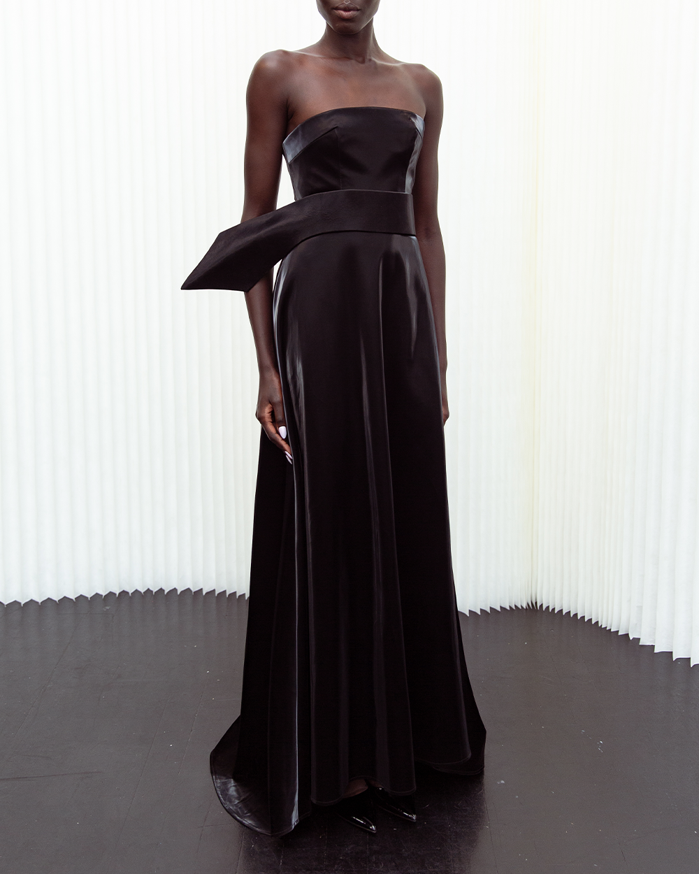 Black Patent Strapless Gown with Train