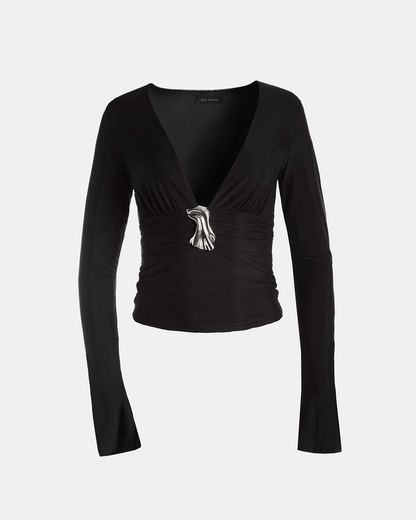 Long Sleeve V Neck Top with Brooch Navy