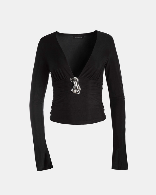 Long Sleeve V Neck Top with Brooch Navy