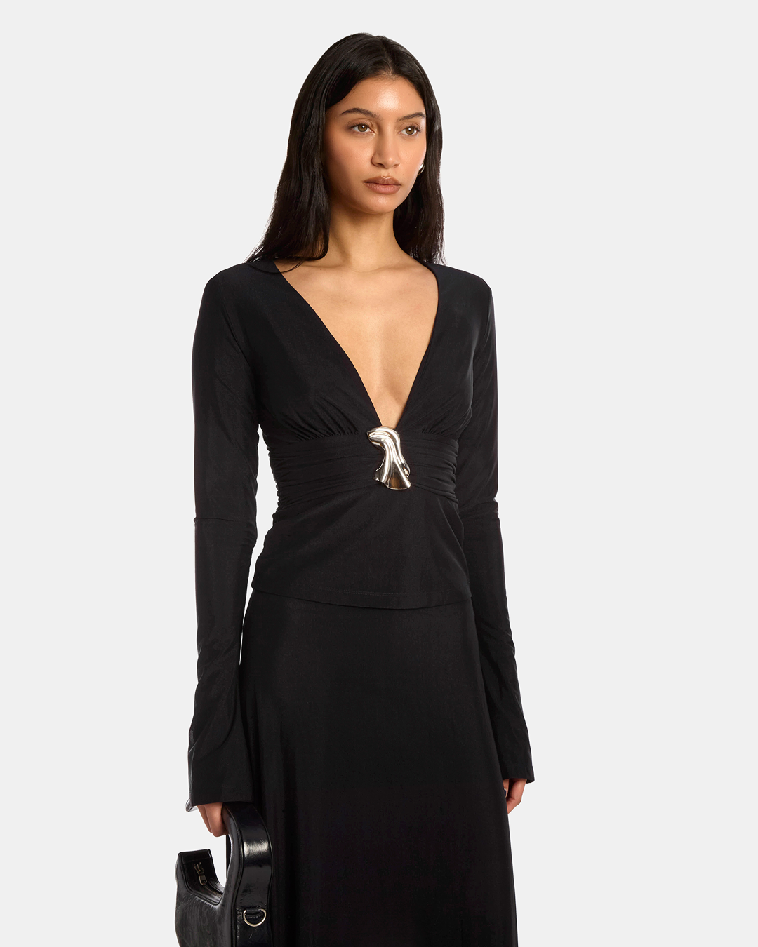 Long Sleeve V Neck Top with Brooch Navy