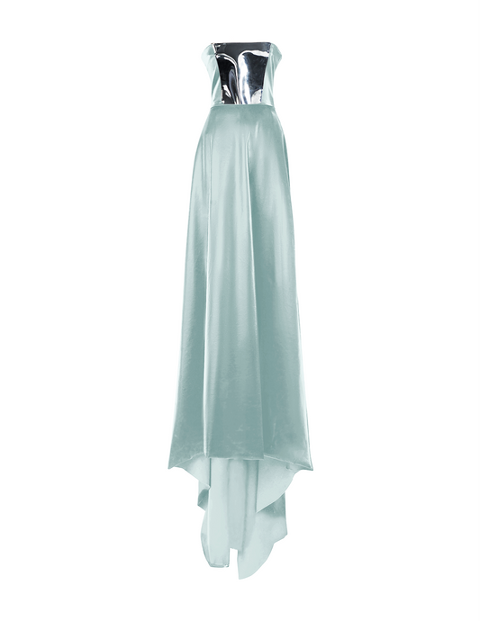 Mint Italian Satin Strapless Gown with Train