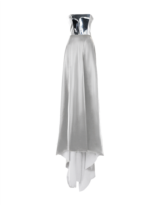 Silver Italian Satin Strapless Gown with Train