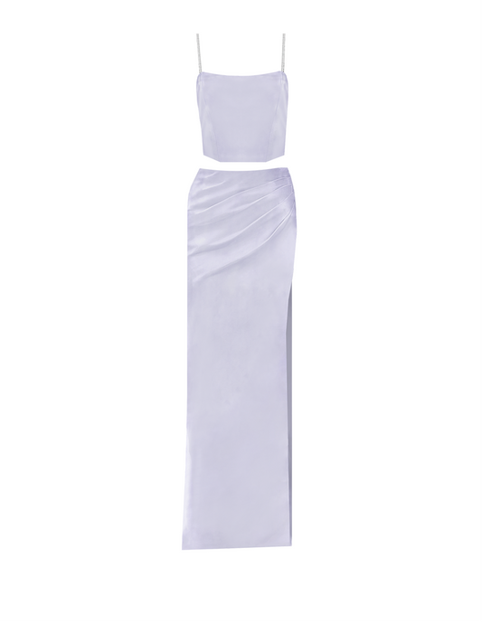 Lilac Satin Xenia Corset and Maxi Skirt with Slit Set