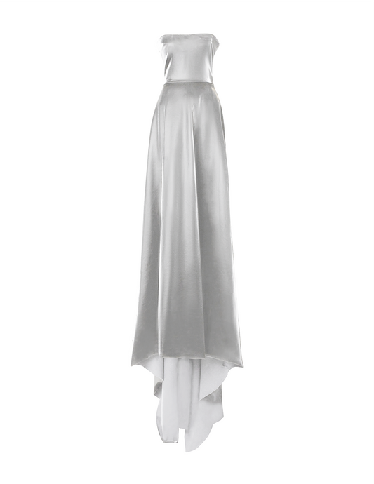 Silver Italian Satin Strapless Gown with Train