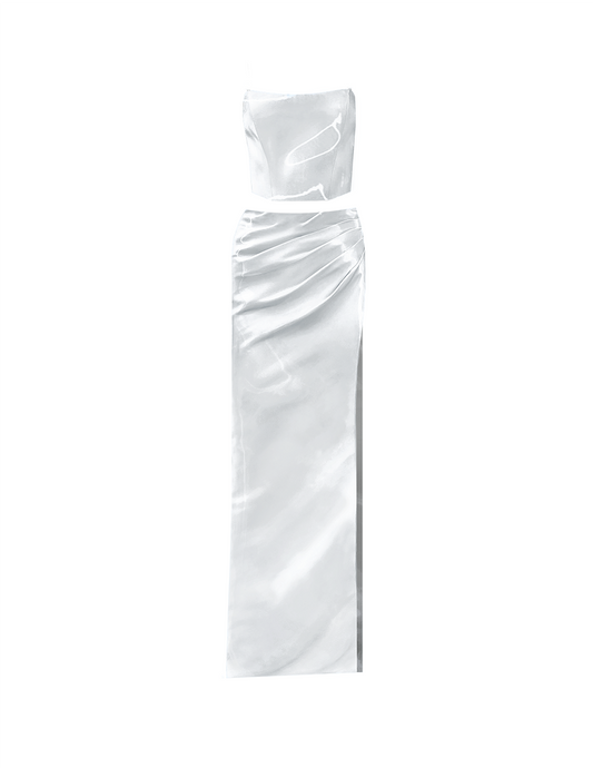 White Liquid Xenia Corset and Maxi Skirt with Slit Set