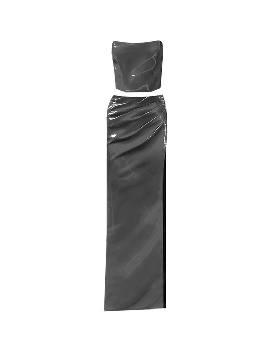 Charcoal Liquid Xenia Corset and Maxi Skirt with Slit Set