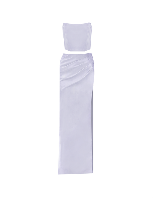 Lilac Satin Xenia Corset and Maxi Skirt with Slit Set