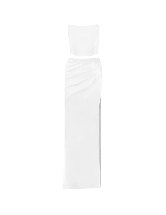 White Satin Xenia Corset and Maxi Skirt with Slit Set