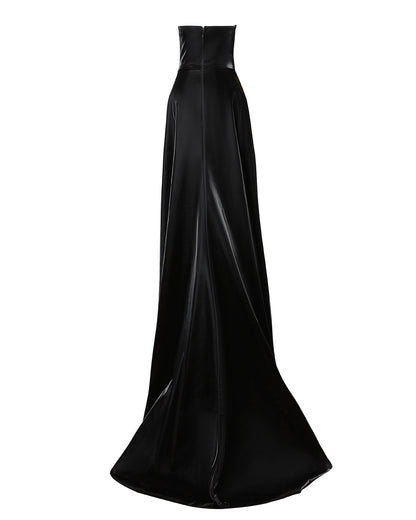 Black Patent Strapless Gown with Train