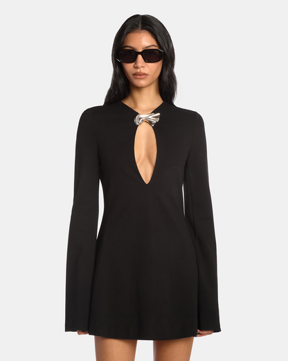 Long Sleeve Keyhole Mini Dress with Brooch