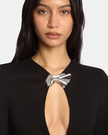 Long Sleeve Keyhole Mini Dress with Brooch