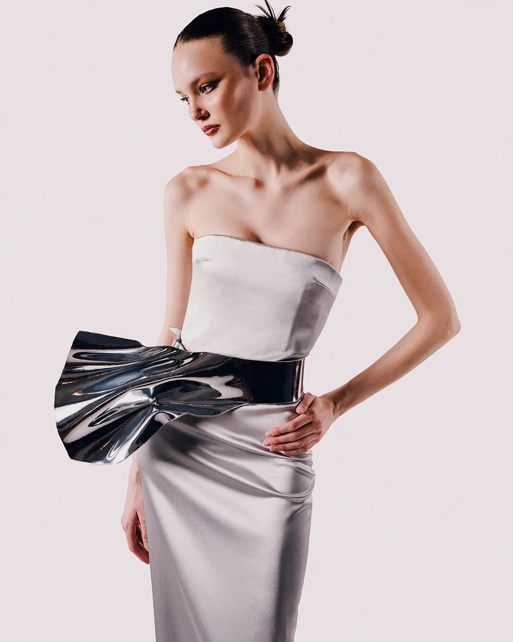 Silver Fitted Column Gown