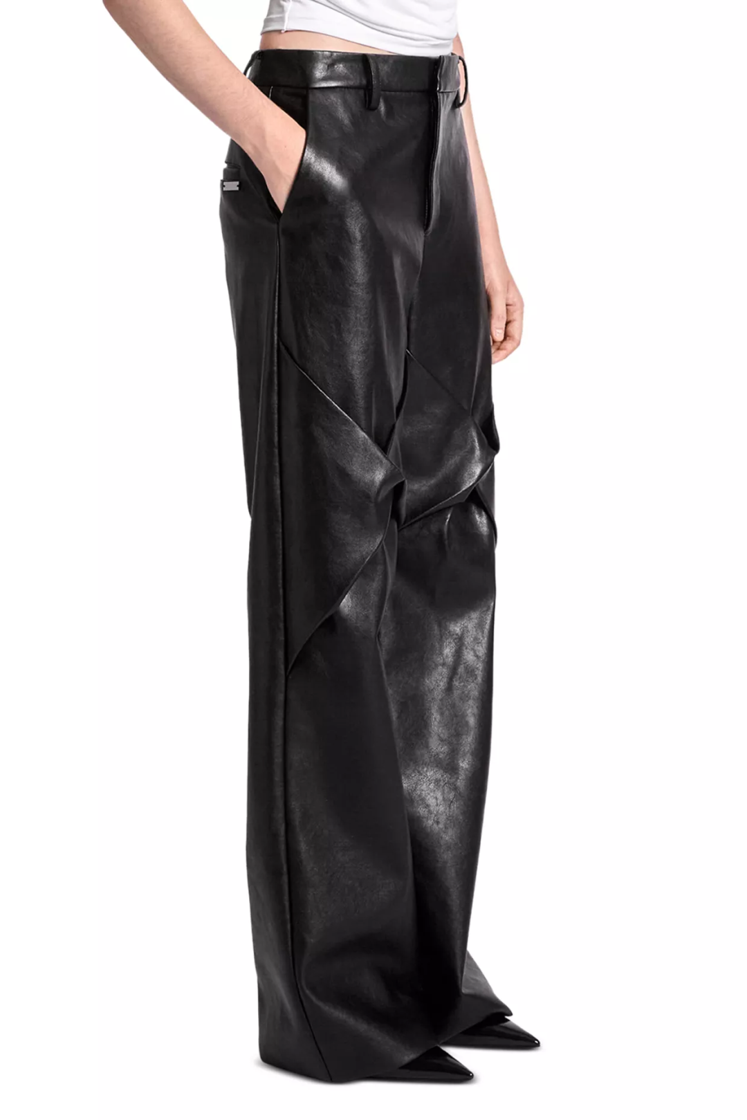 Draped Knee High Rise Leather Pants