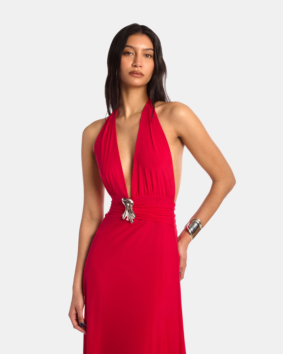 Plunge Neckline Mesh Halter Dress Raspberry
