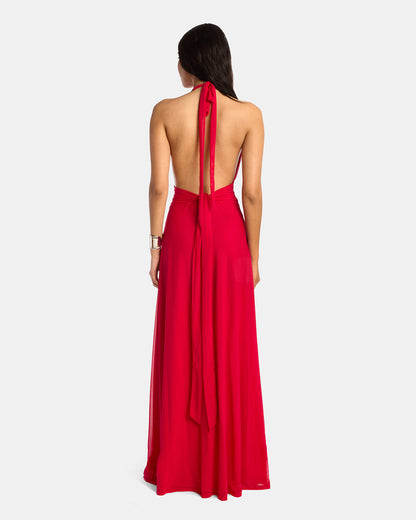 Plunge Neckline Mesh Halter Dress Raspberry