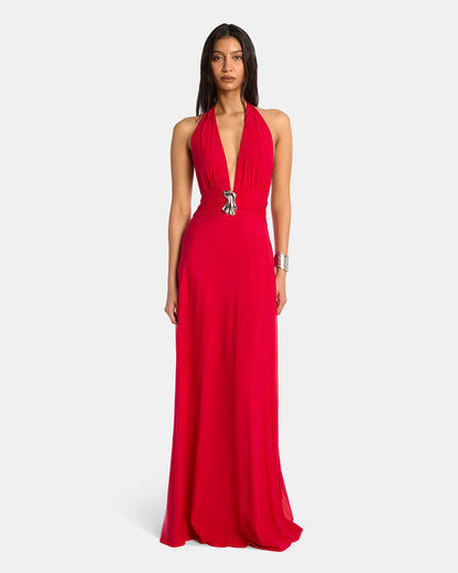 Plunge Neckline Mesh Halter Dress Raspberry