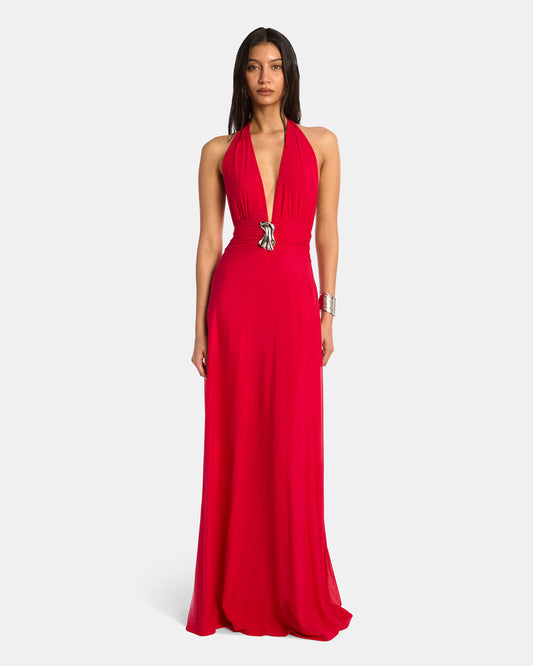 Plunge Neckline Mesh Halter Dress Raspberry