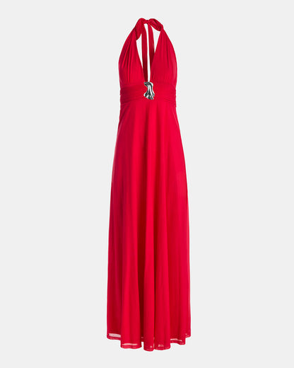 Plunge Neckline Mesh Halter Dress Raspberry