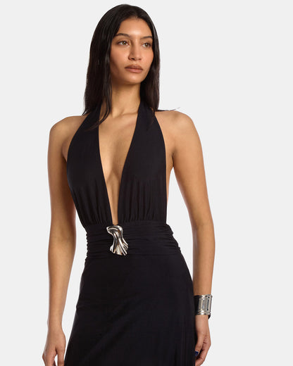 Plunge Neckline Mesh Halter Dress Navy