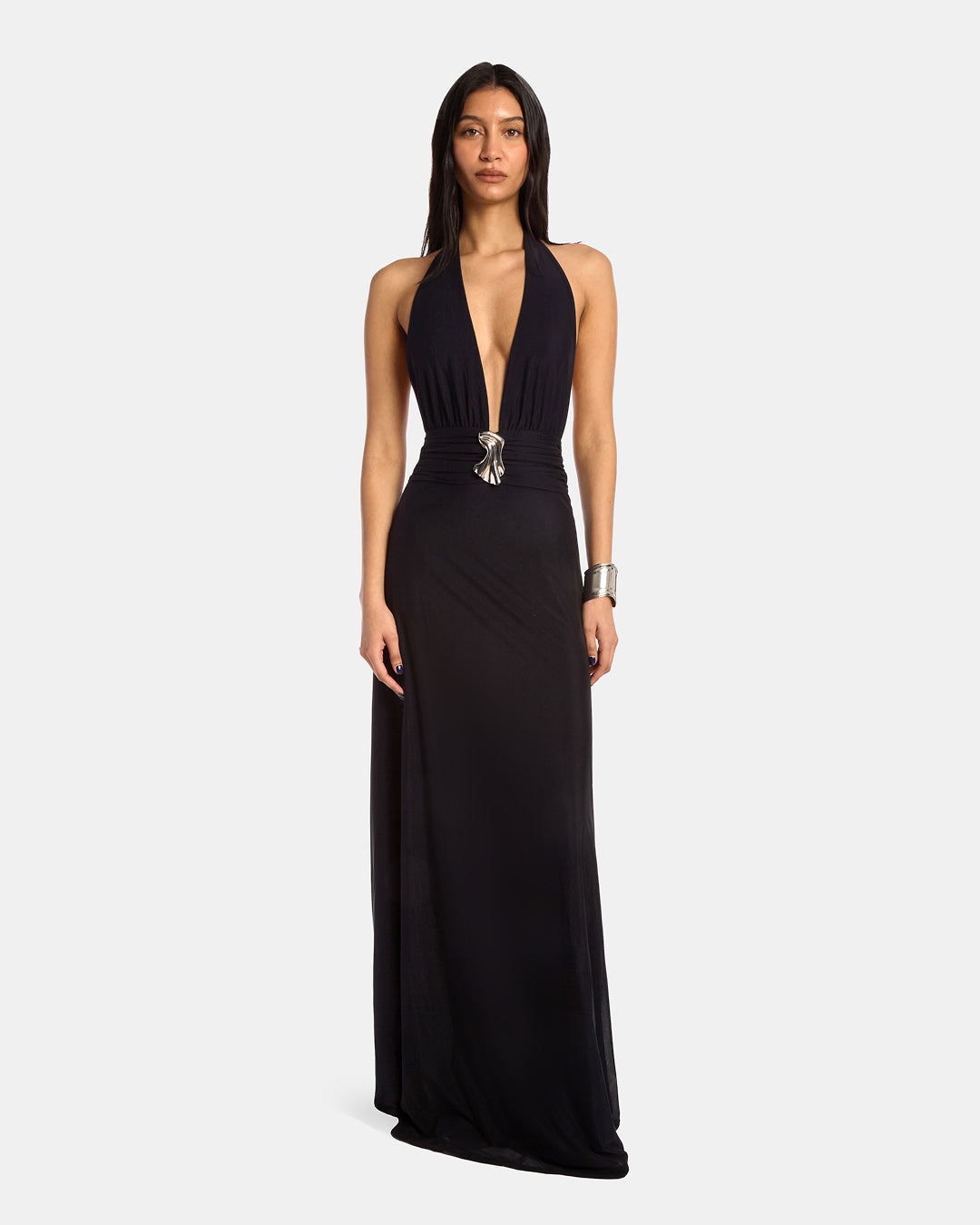 Plunge Neckline Mesh Halter Dress Navy