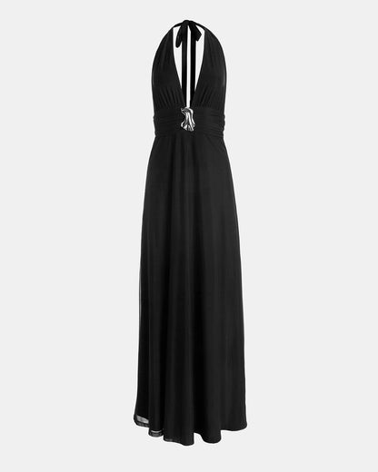 Plunge Neckline Mesh Halter Dress Navy