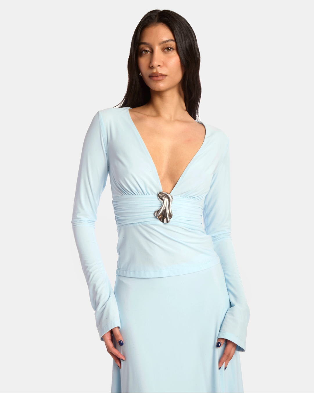 Long Sleeve V Neck Top with Brooch Light Blue