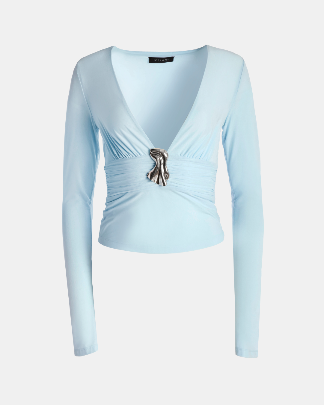 Long Sleeve V Neck Top with Brooch Light Blue