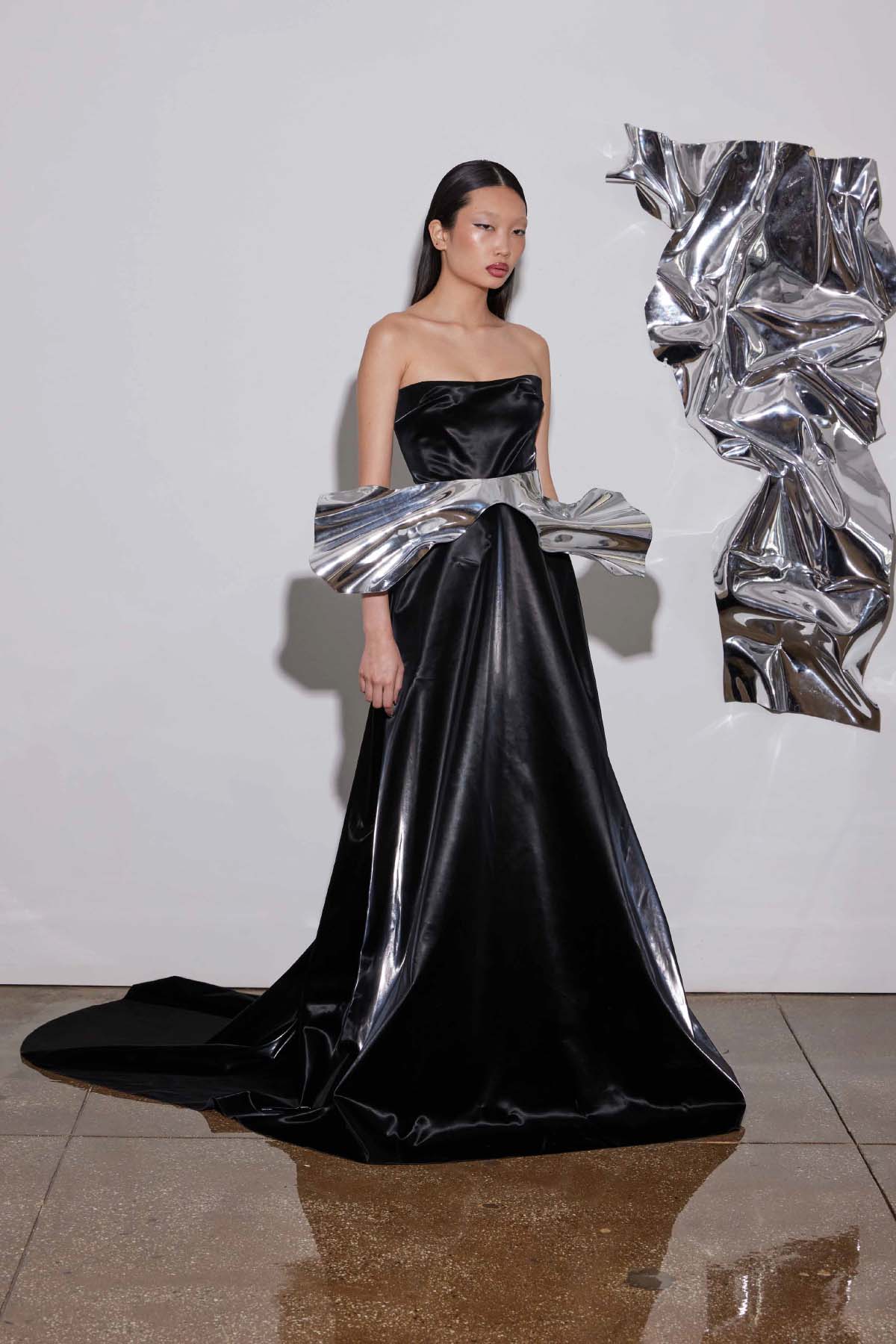 Black Patent Strapless Gown with Train