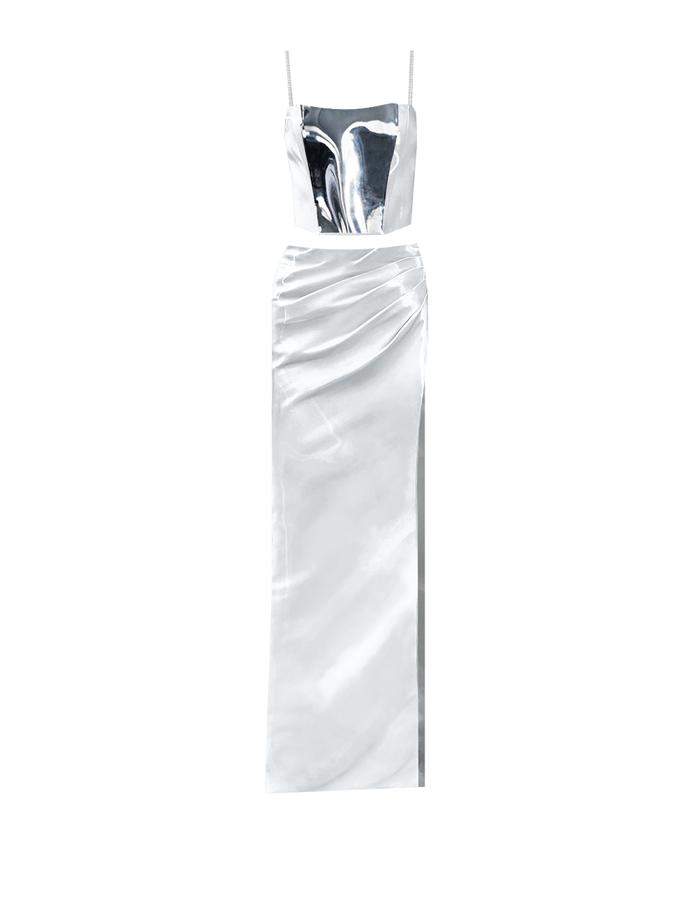 White Liquid Xenia Corset and Maxi Skirt with Slit Set
