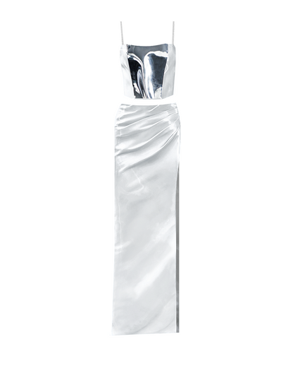 White Liquid Xenia Corset and Maxi Skirt with Slit Set