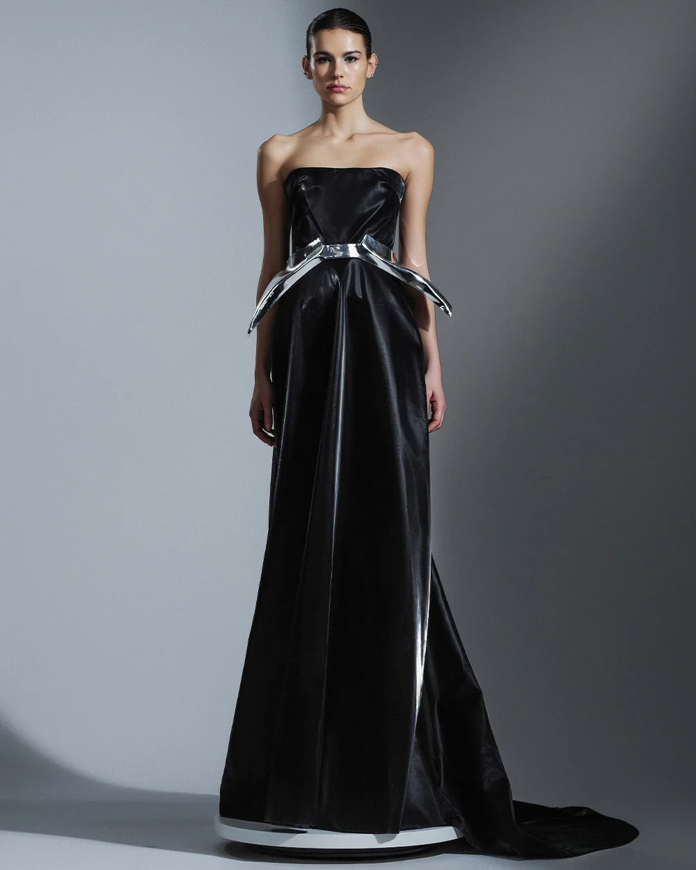 Black Patent Strapless Gown with Train
