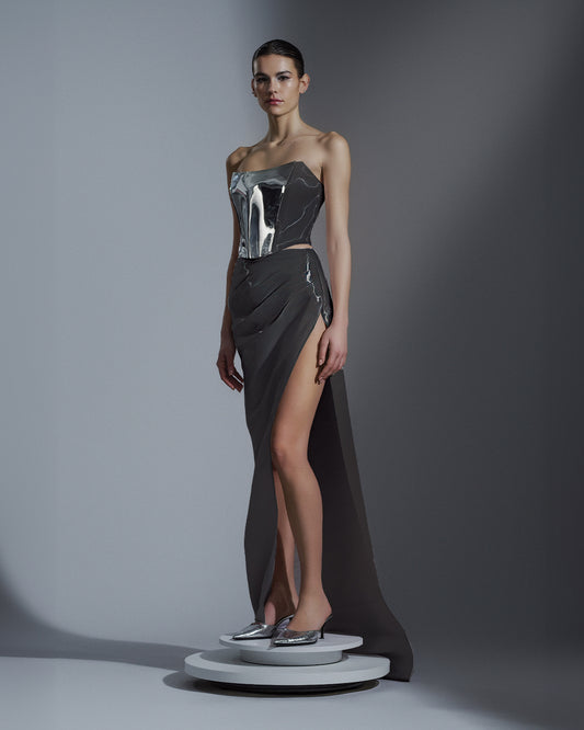 Charcoal Liquid Xenia Corset and Maxi Skirt with Slit Set